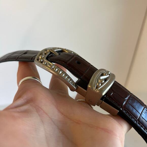 Vintage 90s Brown Vegan Leather Silver Chunky Buckle Belt Size Large - Picture 4 of 10